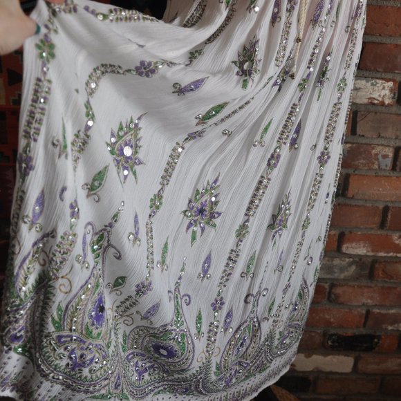 Boho Hippie Maxi Crinkle Broomstick, Multi-color Floral. White Silver Sequin O/S - Picture 4 of 5